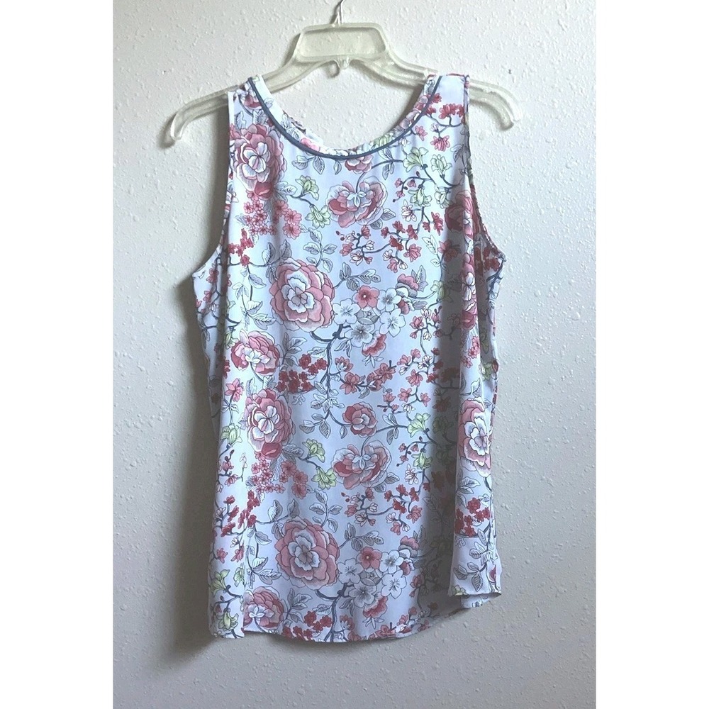 Loft Women's Sleeveless Top White Floral Accent Lightweight Tie Back Blouse Sz M